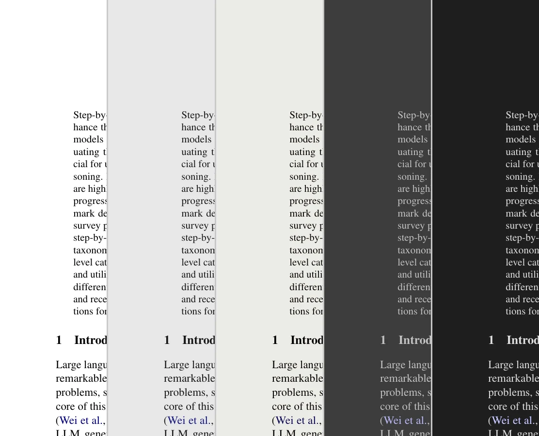 PDF page shown across five reading themes: Light, Classic Light, Sepia, Dark, Classic Dark